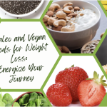 Hexagonal collage showcasing paleo and vegan foods: chia seeds, mixed nuts, yogurt, sauerkraut in a jar, strawberries, spinach, hummus, and zucchini. The text reads, "Paleo and Vegan Delights for Weight Loss: Energize Your Journey.
